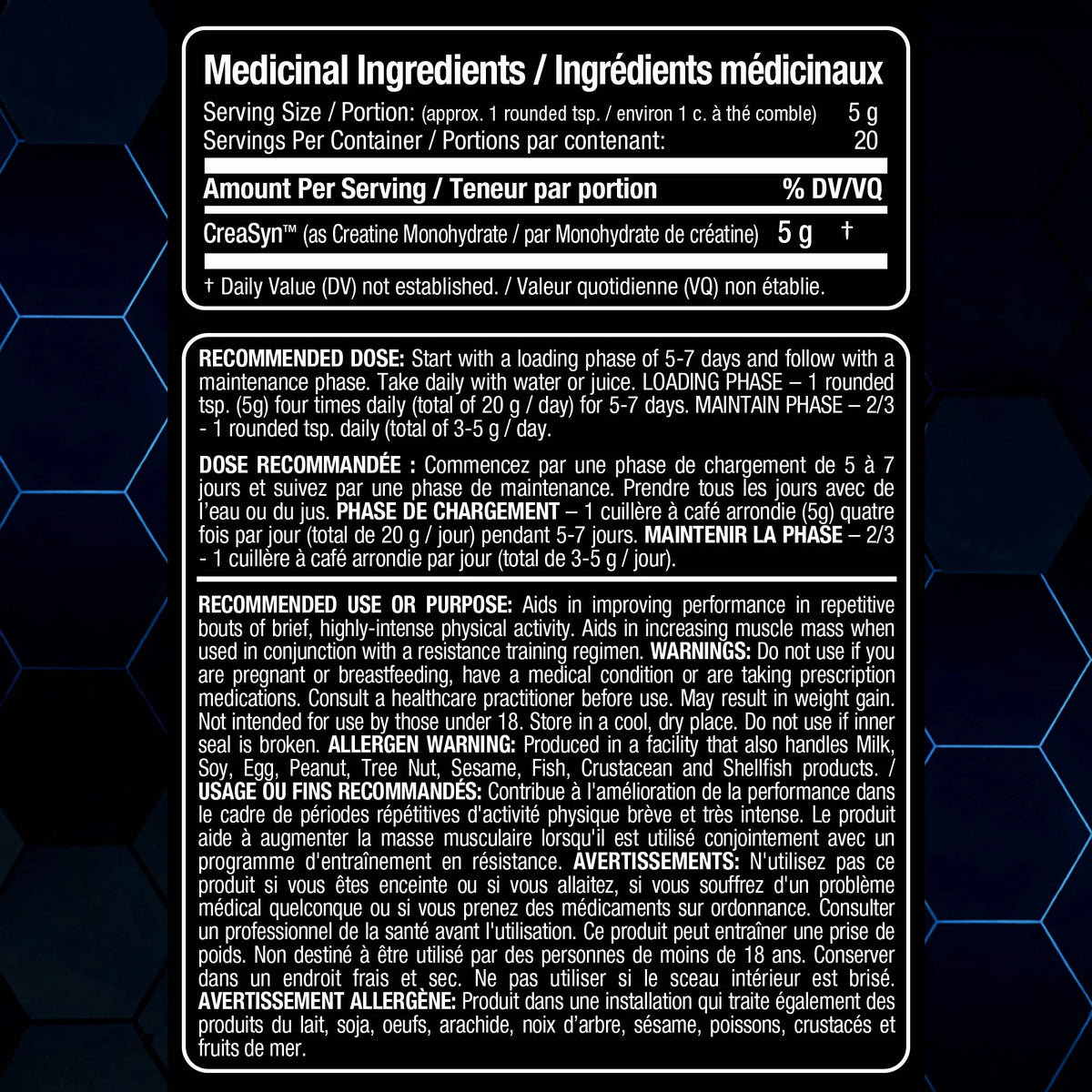 Allmax Creatine Monohydrate Unflavored Nutrition Facts panel — medicinal ingredients and directions, 100 g