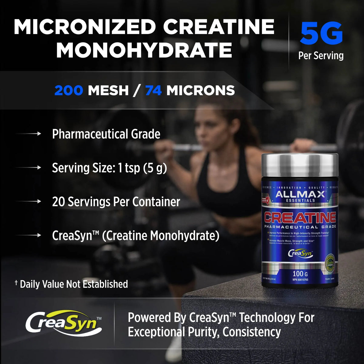 Allmax Creatine Monohydrate Unflavored — 100 g tub with micronized CreaSyn feature poster