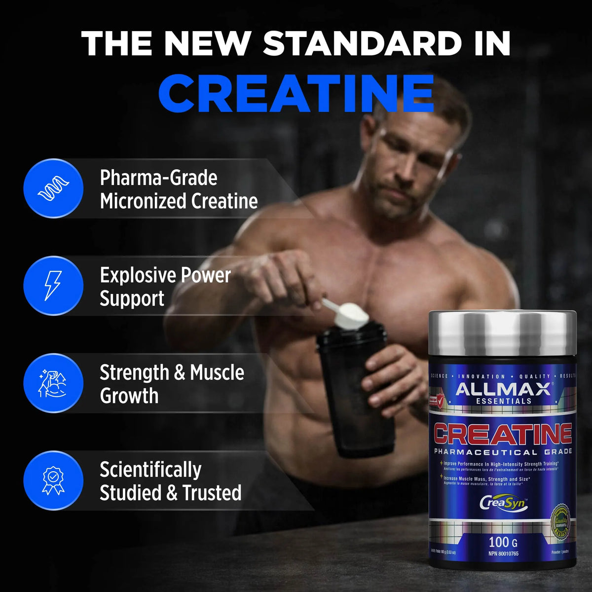 Allmax Creatine Monohydrate Unflavored — athlete scooping powder into a shaker beside the 100 g tub