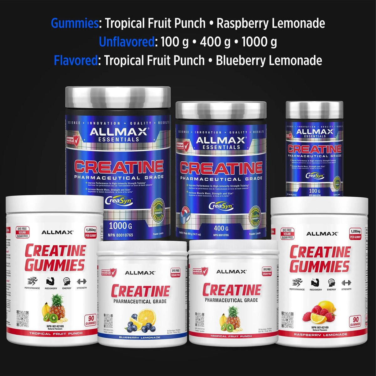 Allmax creatine lineup — unflavored 100 g, 400 g and 1000 g tubs with flavored powders and creatine gummies