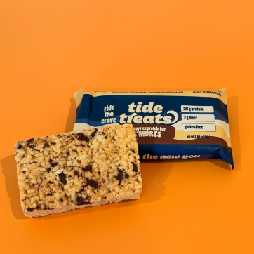 Tide Treats S'mores Crispy Rice Protein Bar — wrapped and unwrapped bar, gluten-free protein snack