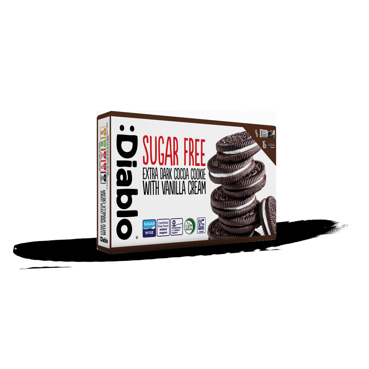 Diablo Sugar Free Extra Dark Sandwich Cookies with Vanilla Cream, 176g pack, front of box