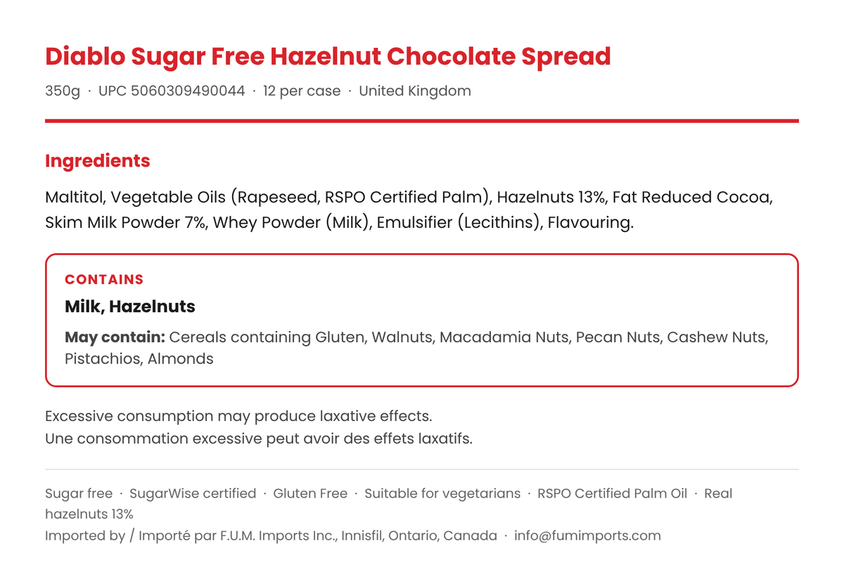 Diablo No Added Sugar Hazelnut & Chocolate Spread ingredient list panel with allergens (milk, hazelnuts)