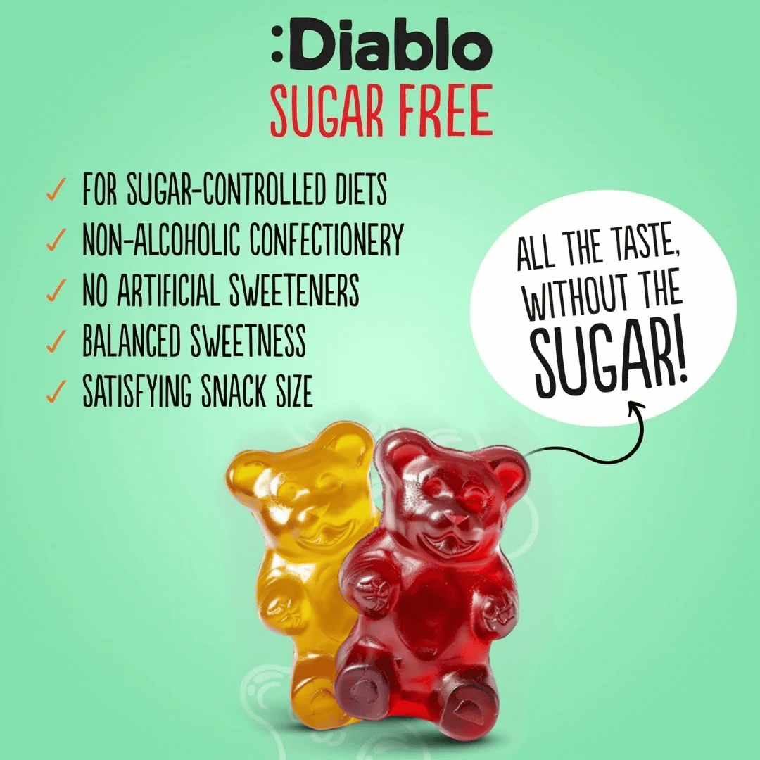 Diablo Sugar Free Gummy Bears, all the taste without the sugar, red and yellow gummy bears on a green feature graphic