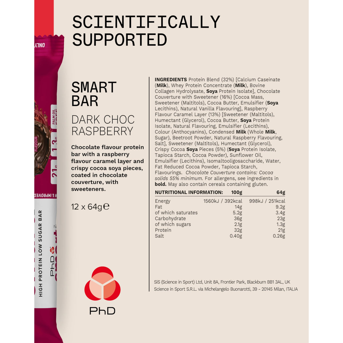 PhD Smart Dark Choc Raspberry protein bar Nutrition Facts and ingredients panel, 12 x 64g