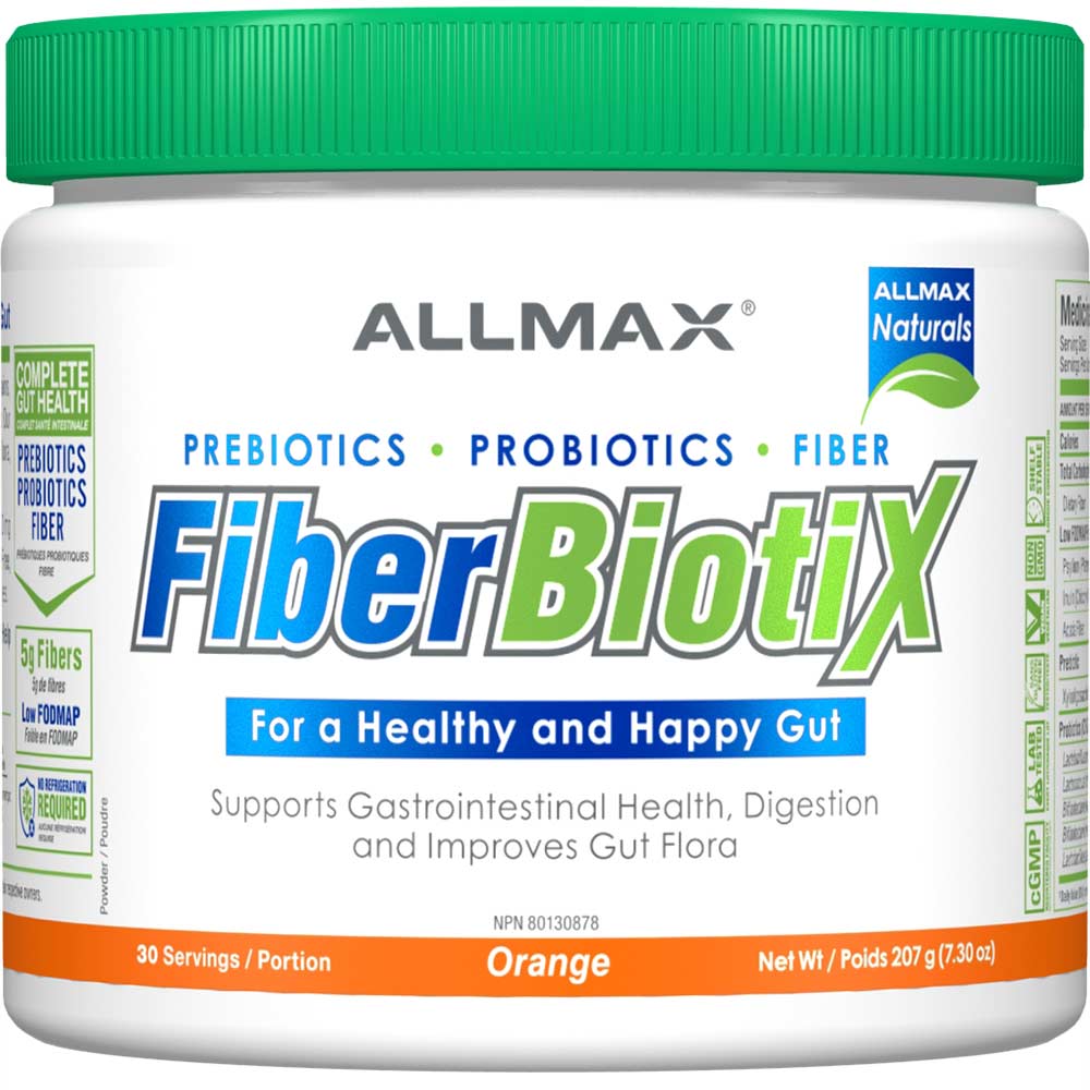 Allmax FiberBiotix Orange — 30-serving tub of prebiotic, probiotic and fiber powder, front label