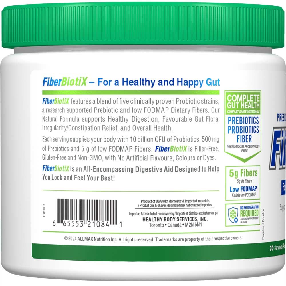 Allmax FiberBiotix Unflavored — side panel of the 30-serving tub with product description and barcode