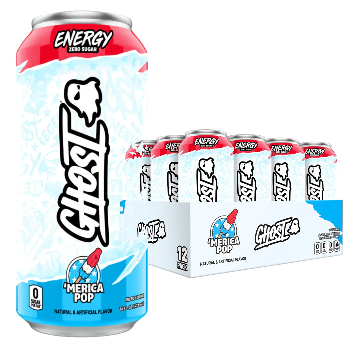 GHOST Energy USA case of 12 — 'Merica Pop can with 12-pack tray