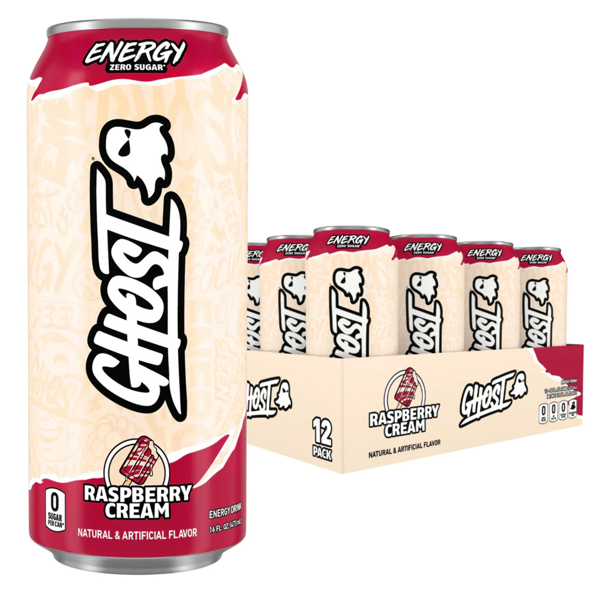 GHOST Energy USA case of 12 — Raspberry Cream can with 12-pack tray