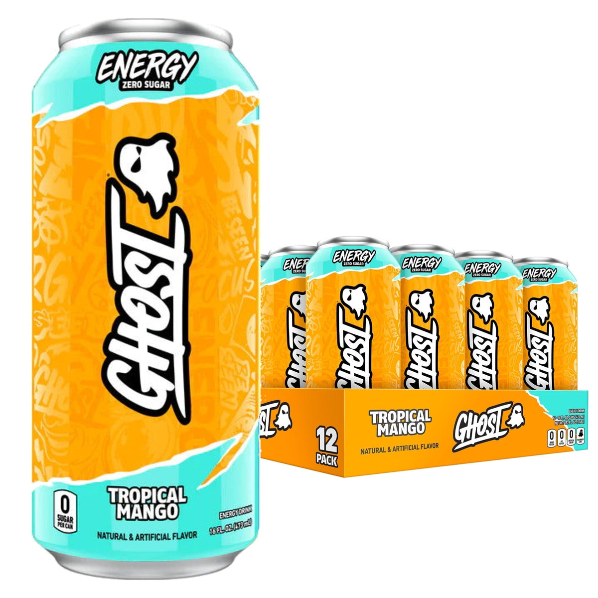 GHOST Energy USA case of 12 — Tropical Mango can with 12-pack tray