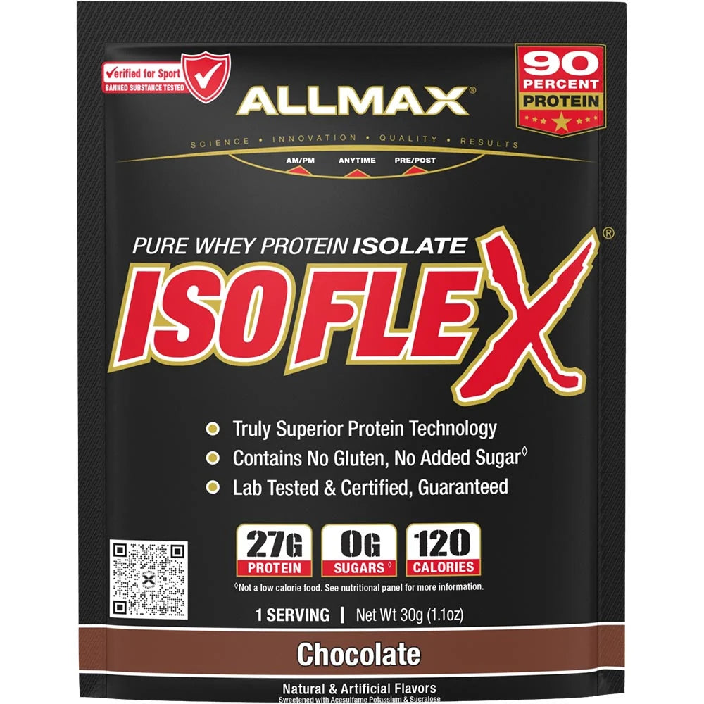 Allmax Isoflex whey protein isolate single-serve packet in Chocolate, 27 g protein per 30 g packet