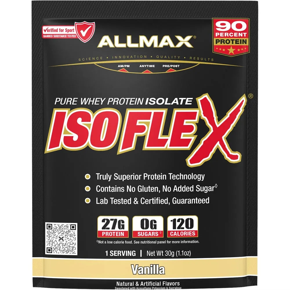 Allmax Isoflex whey protein isolate single-serve packet in Vanilla, 27 g protein per 30 g packet