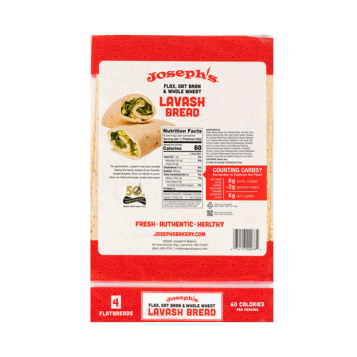 Joseph's Bakery Flax, Oat Bran & Whole Wheat Lavash Bread, back of bag with Nutrition Facts panel and ingredients
