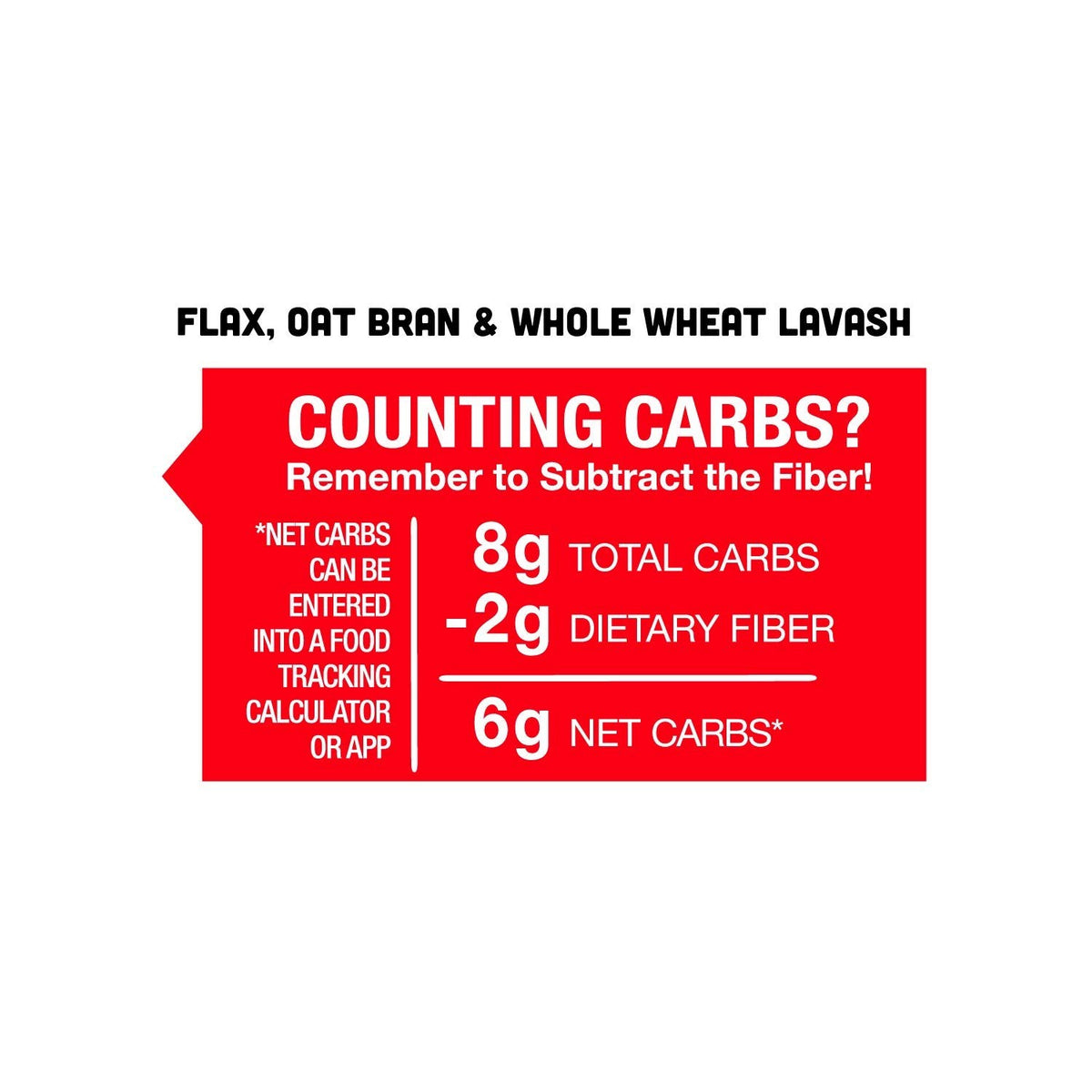 Joseph's Bakery Flax, Oat Bran & Whole Wheat Lavash Bread carb-counting info graphic with red badge