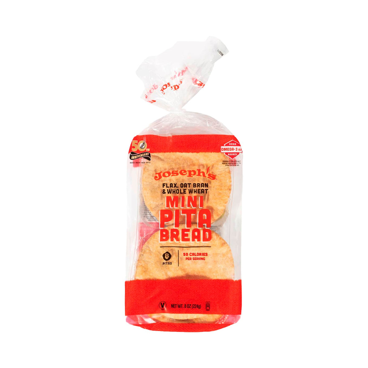 Joseph's Bakery Flax, Oat Bran & Whole Wheat Mini Pita Bread, front of 8-count bag on a white background