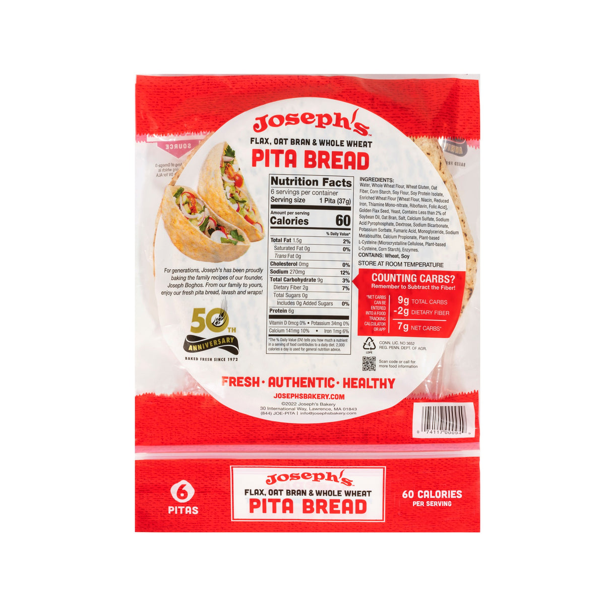 Joseph's Bakery Flax, Oat Bran & Whole Wheat Pita Bread, back of bag with Nutrition Facts panel and ingredients