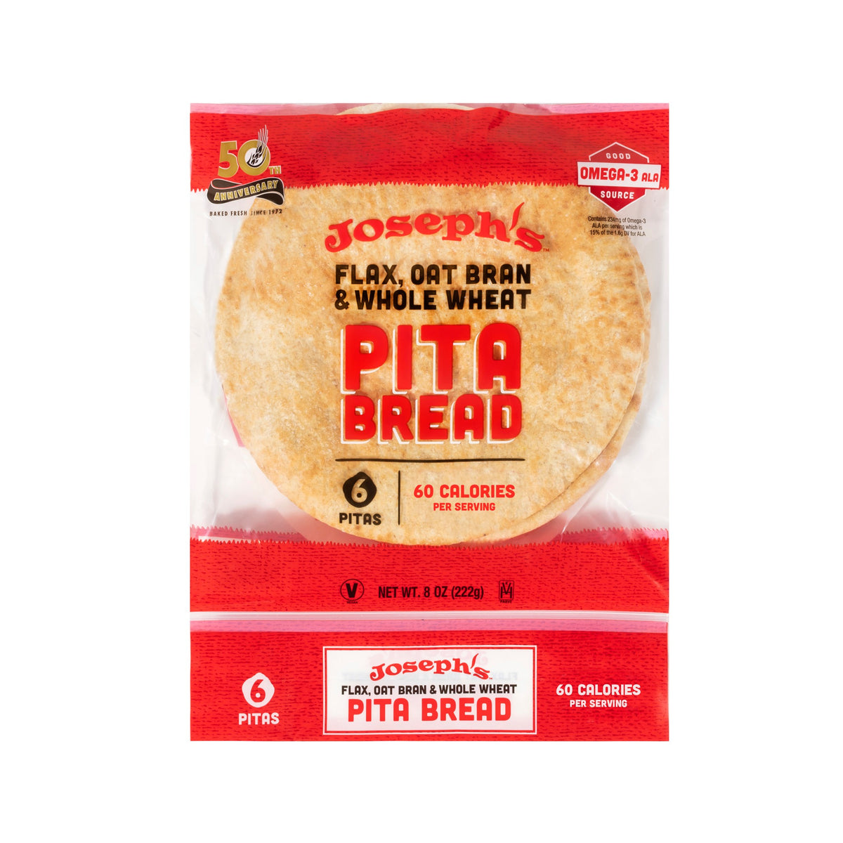 Joseph's Bakery Flax, Oat Bran & Whole Wheat Pita Bread, front of 6-count bag on a white background