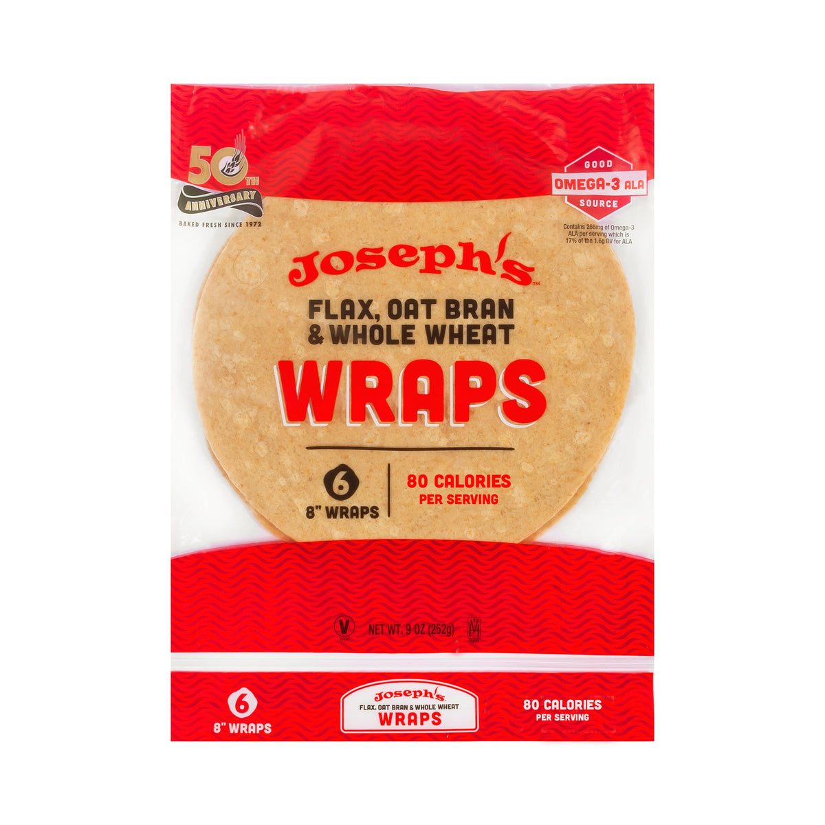 Joseph's Bakery Flax, Oat Bran & Whole Wheat Wraps, front of 6-count bag on a white background
