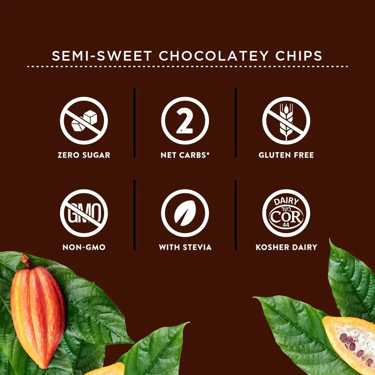 Krisda Semi-Sweet Chocolatey Chips stevia-sweetened baking chips info poster with feature icons on brown