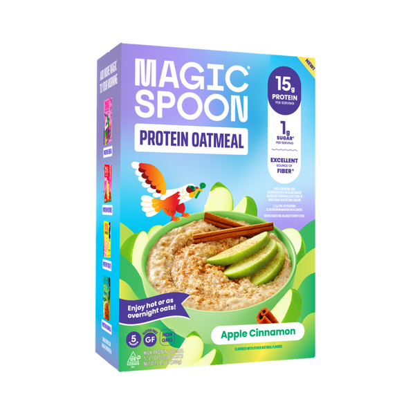 Magic Spoon Protein Oatmeal Apple Cinnamon box front — 15g protein, 1g sugar, gluten-free oats