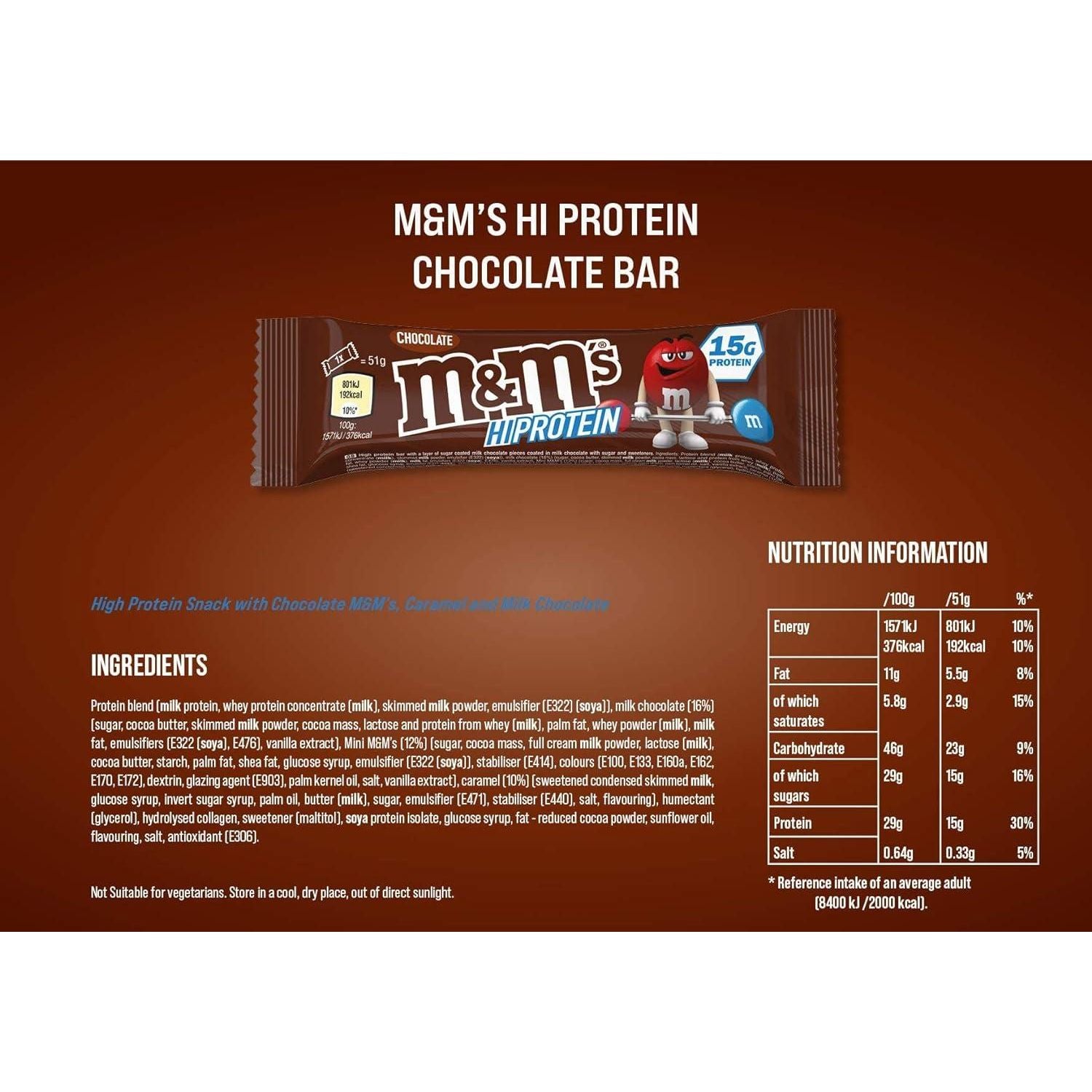 M&M's Hi-Protein Chocolate Bar Nutrition Facts label — 15g protein, milk chocolate with mini M&M's