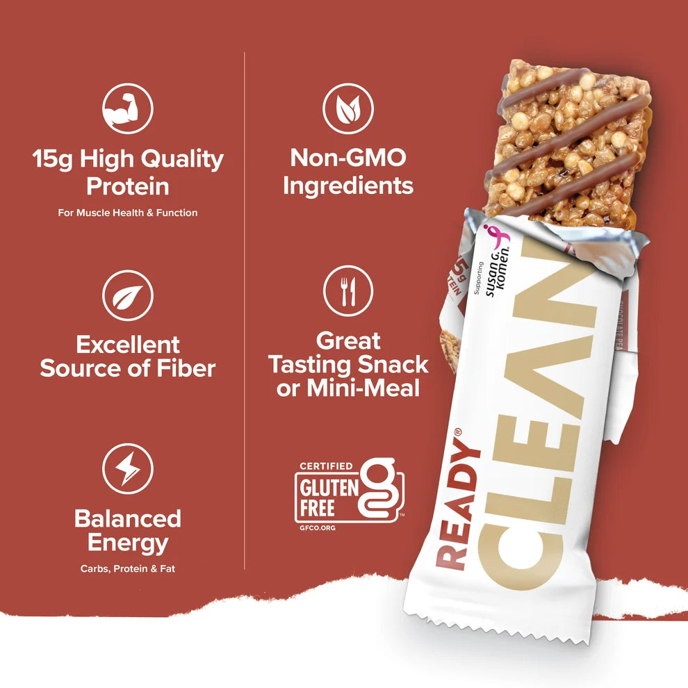 Ready Clean Chocolate Peanut Butter benefits graphic, non-GMO gluten-free, with unwrapped bar