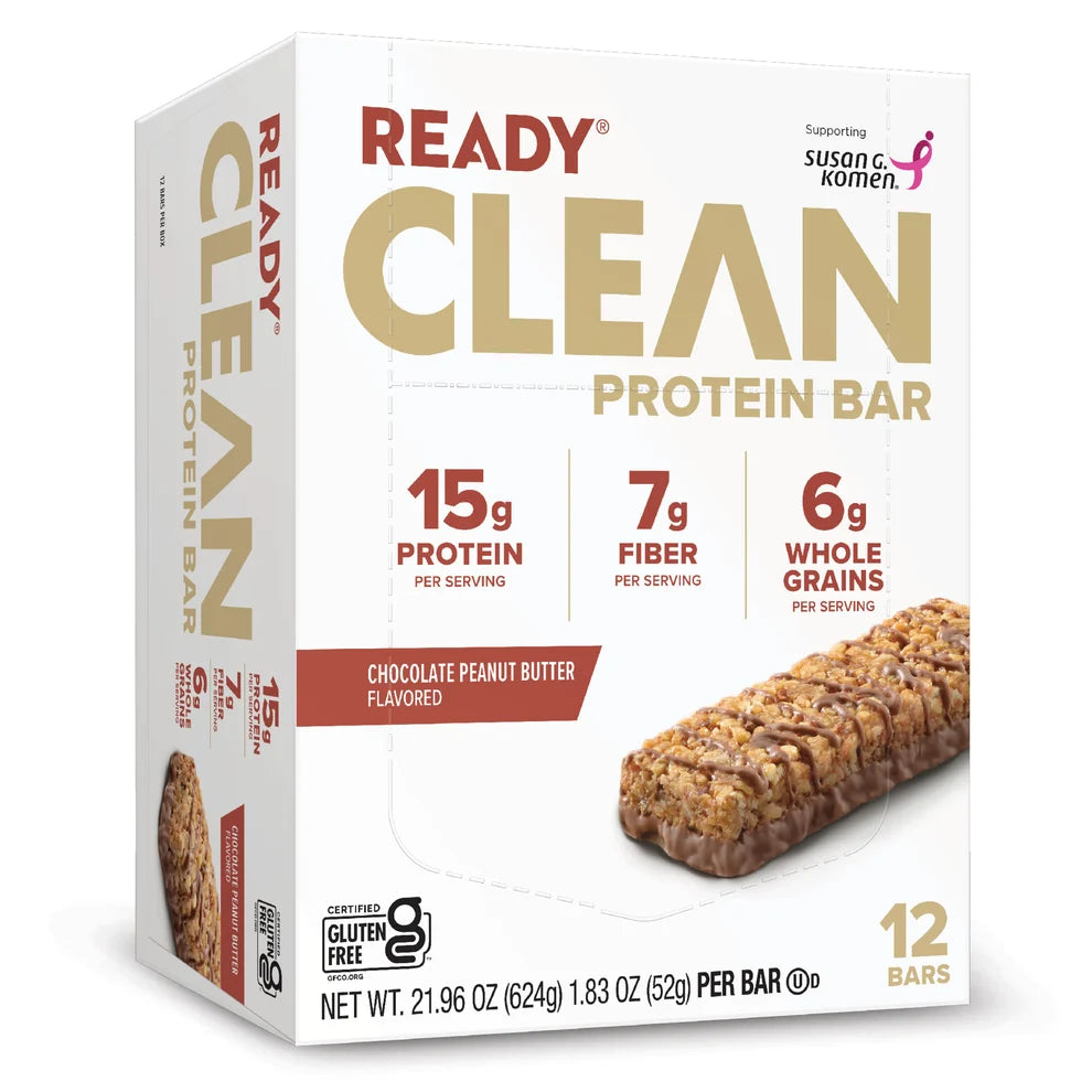 Ready Clean Chocolate Peanut Butter protein bar, box of 12 retail carton front, 15g protein