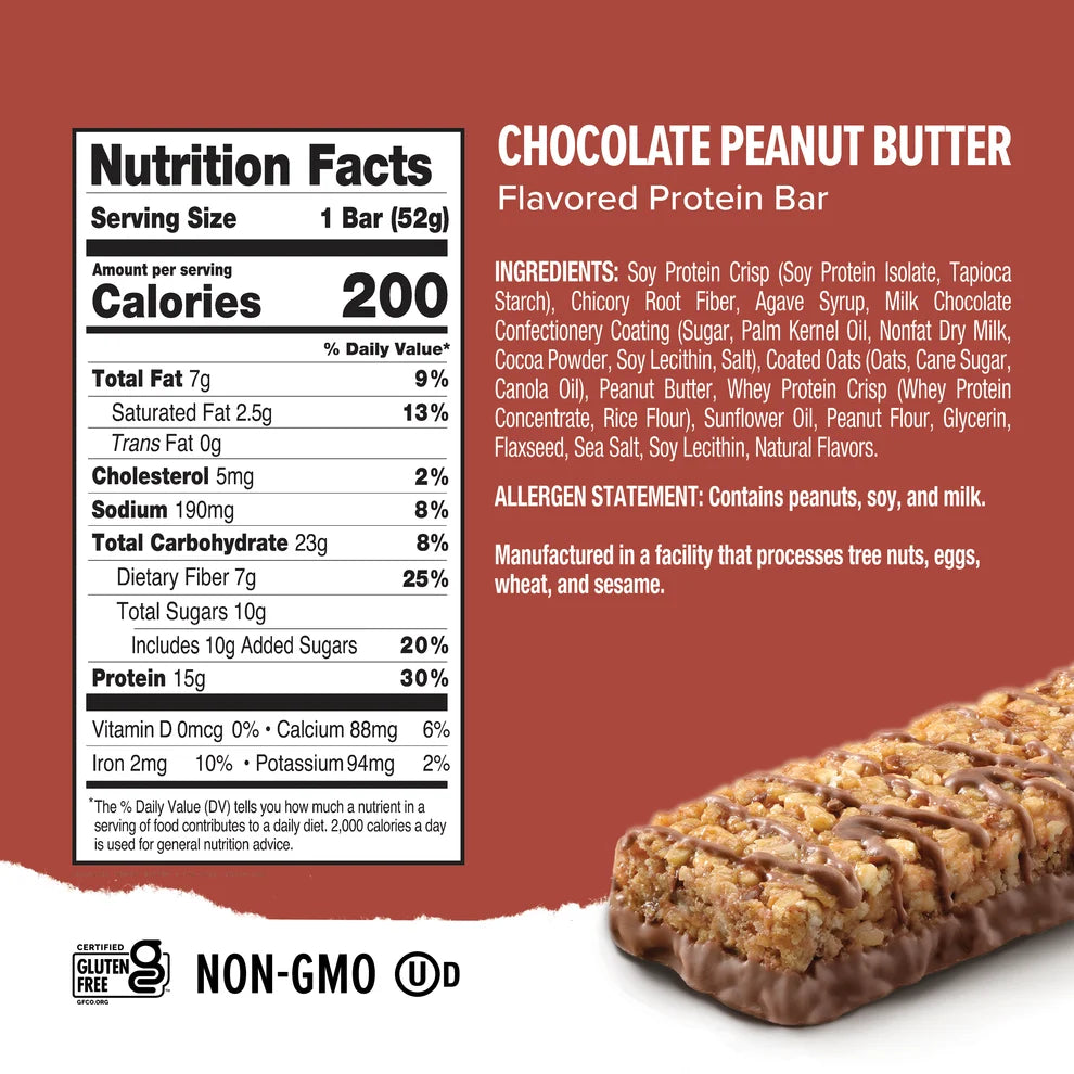Ready Clean Chocolate Peanut Butter protein bar Nutrition Facts panel, 200 calories per bar