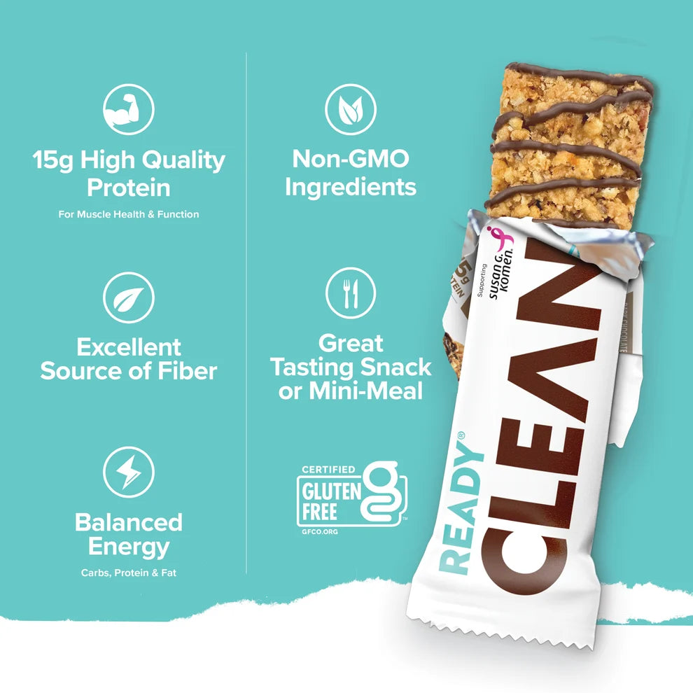 Ready Clean protein bar benefits graphic, 15g protein non-GMO gluten-free, Coconut Almond teal design