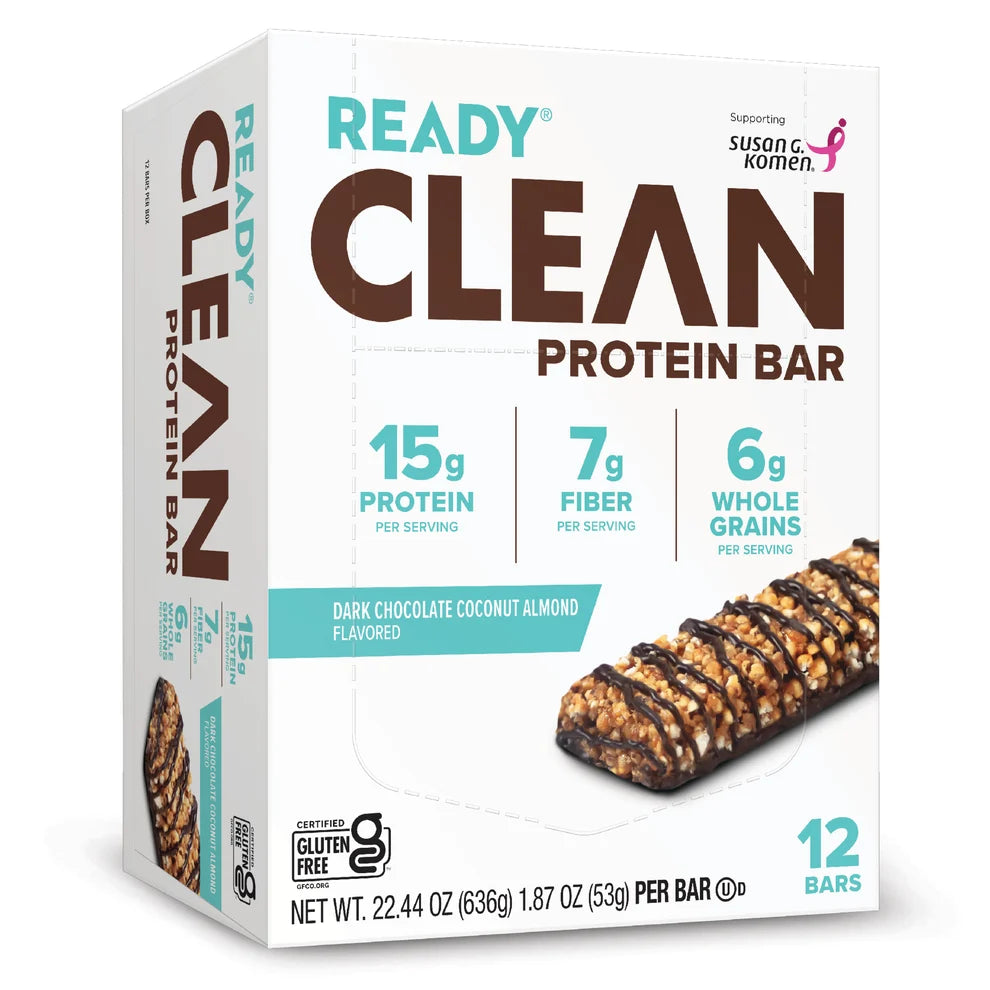 Ready Clean Dark Chocolate Coconut Almond protein bar, box of 12 front, 15g protein and 7g fiber