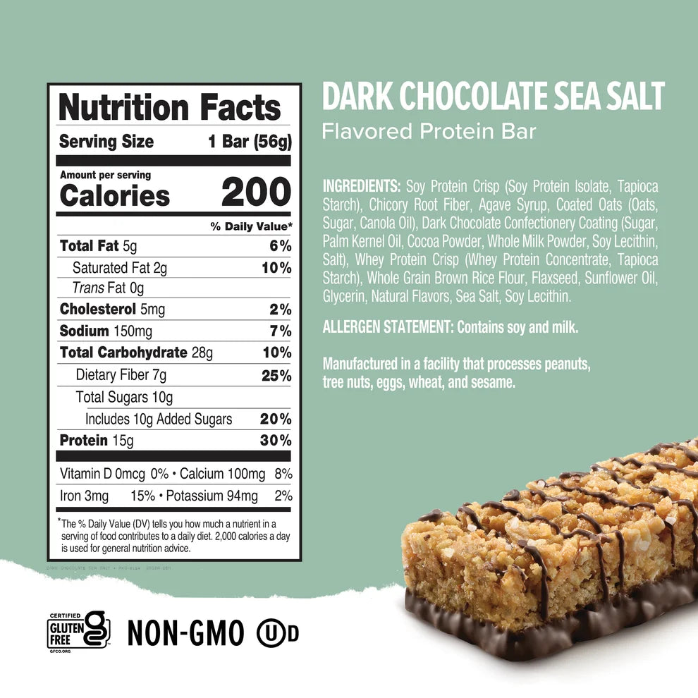Ready Clean Dark Chocolate Sea Salt protein bar Nutrition Facts panel, 200 calories per bar