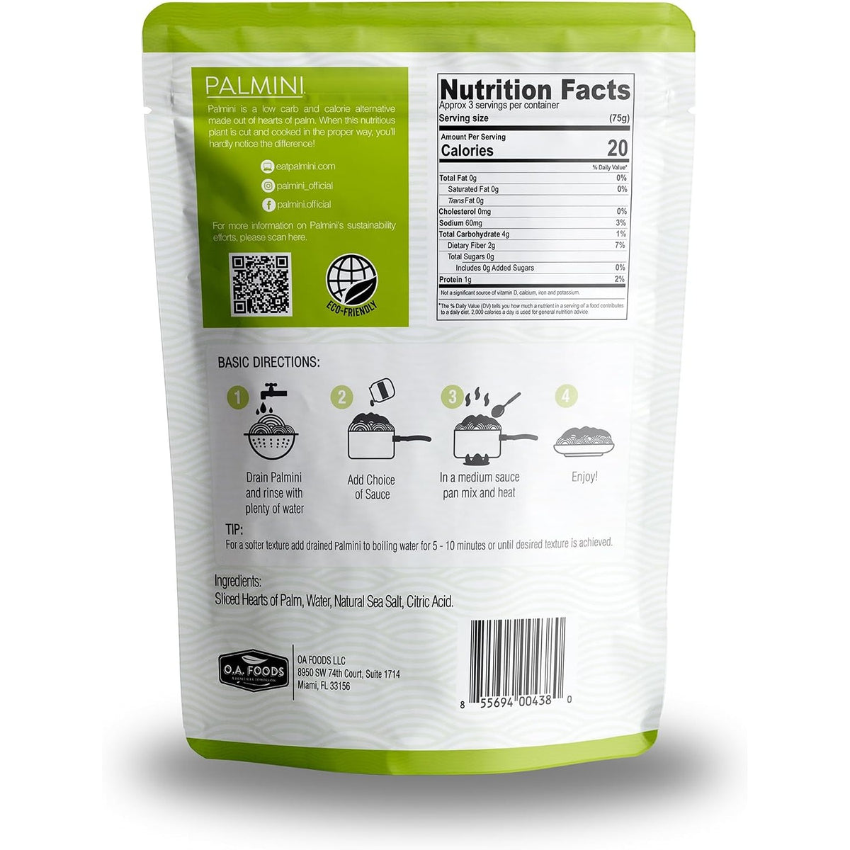 Palmini Hearts of Palm Linguine pouch back with Nutrition Facts panel, rinse-and-heat steps and ingredients