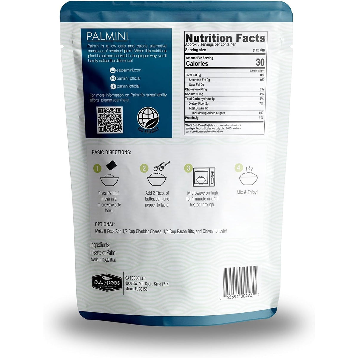 Palmini Hearts of Palm Mashed (Original) pouch back with Nutrition Facts panel and microwave steps