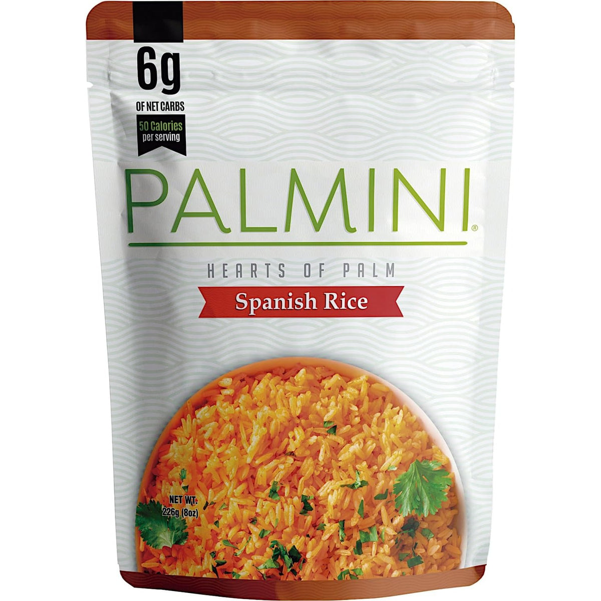 Palmini Hearts of Palm Spanish Rice, 226 g brown-trim pouch front with seasoned tomato-style rice