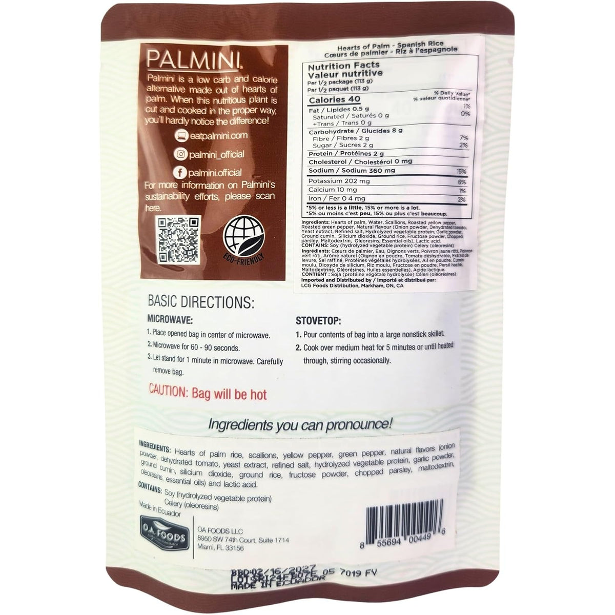 Palmini Hearts of Palm Spanish Rice pouch back with bilingual Nutrition Facts panel and directions