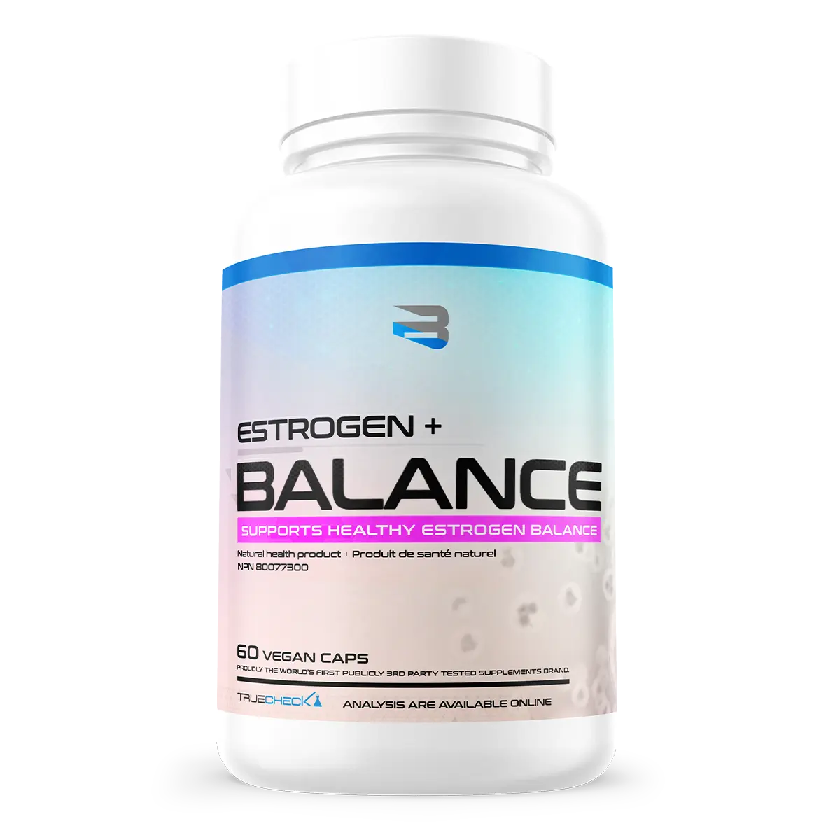 Believe Estrogen+ Balance front of bottle — 60 vegan capsules, healthy estrogen balance support in Canada