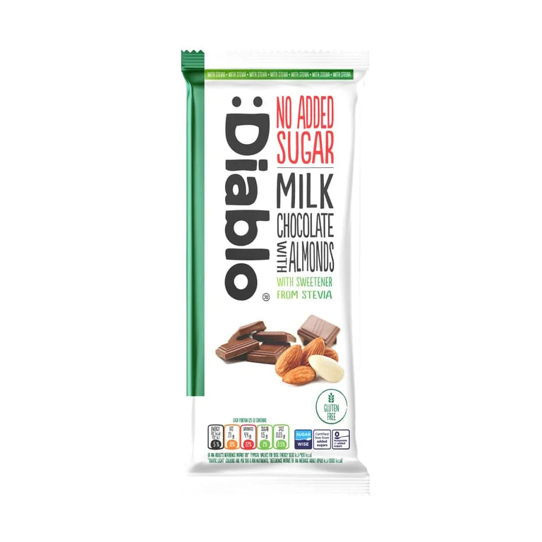 Diablo No Added Sugar Milk Chocolate with Almonds bar, 75g, stevia sweetened and gluten free, front of pack