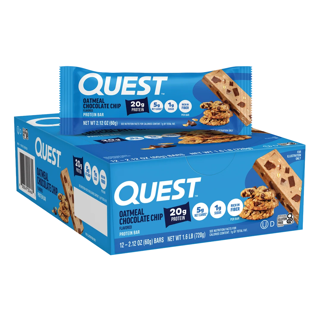 Quest Oatmeal Chocolate Chip protein bar box of 12 with a single bar on top, 20g protein and 1g sugar per 60g bar