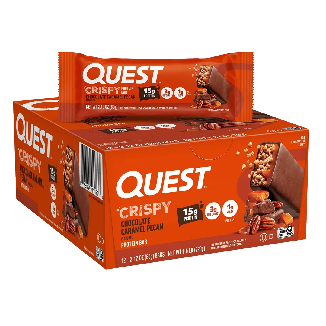 Quest Nutrition Hero Crispy Protein Bar, Chocolate Caramel Pecan flavour, crispy candy-style high-protein bar
