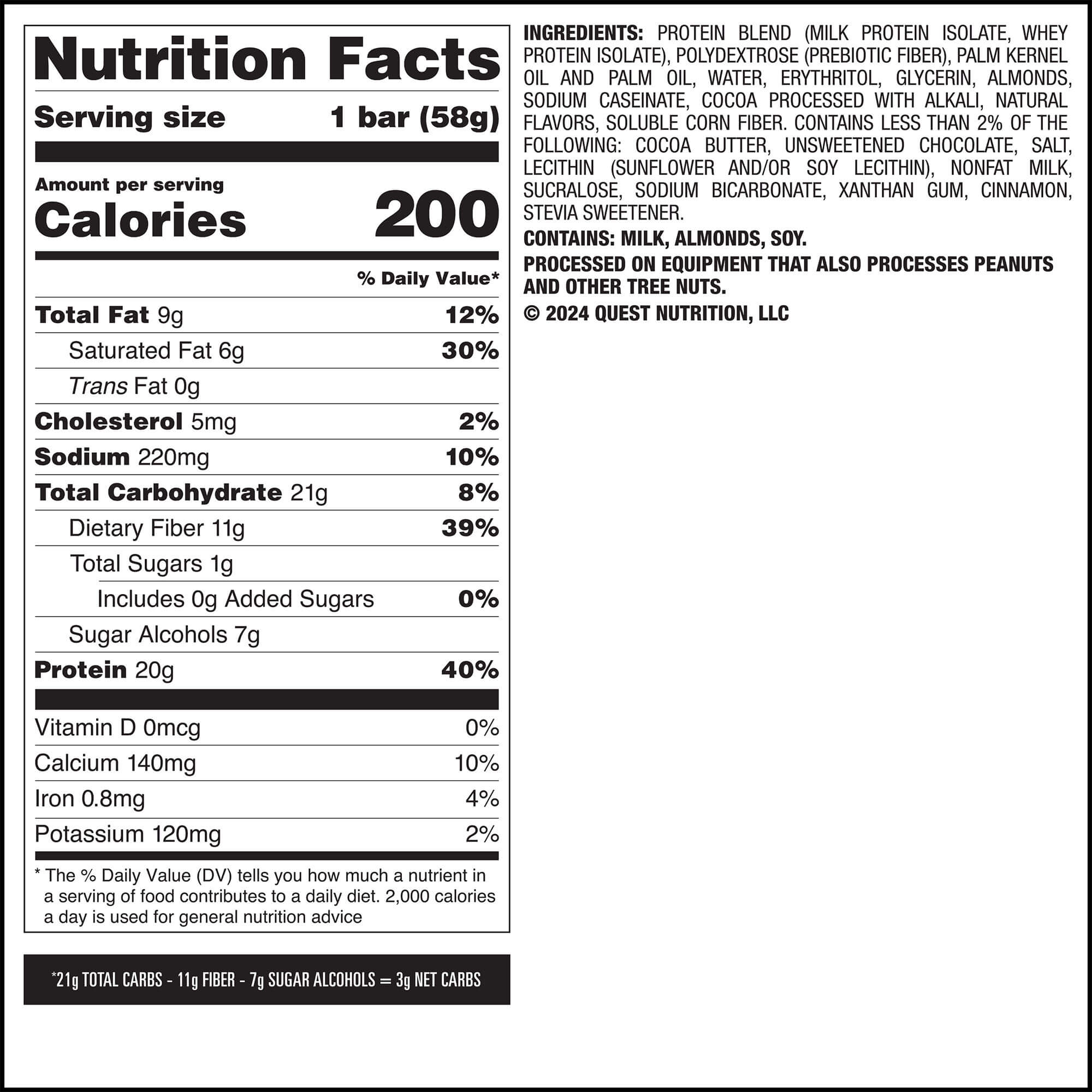 Quest Nutrition Overload Protein Bar Nutrition Facts label