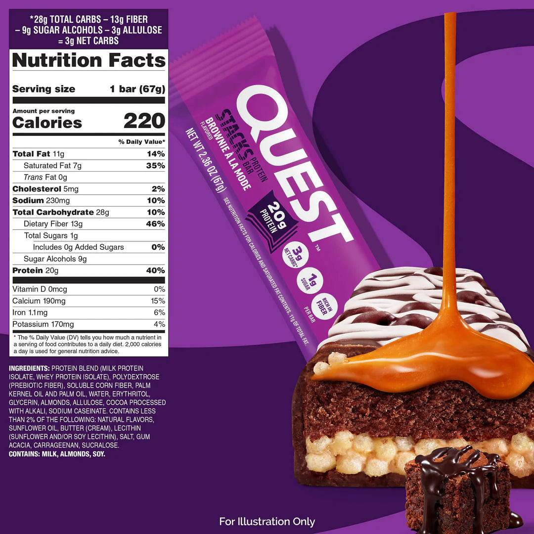 Quest Nutrition Stacks Protein Bar, Brownie a la Mode, multi-layered high-protein bar with 20g protein, 1g sugar