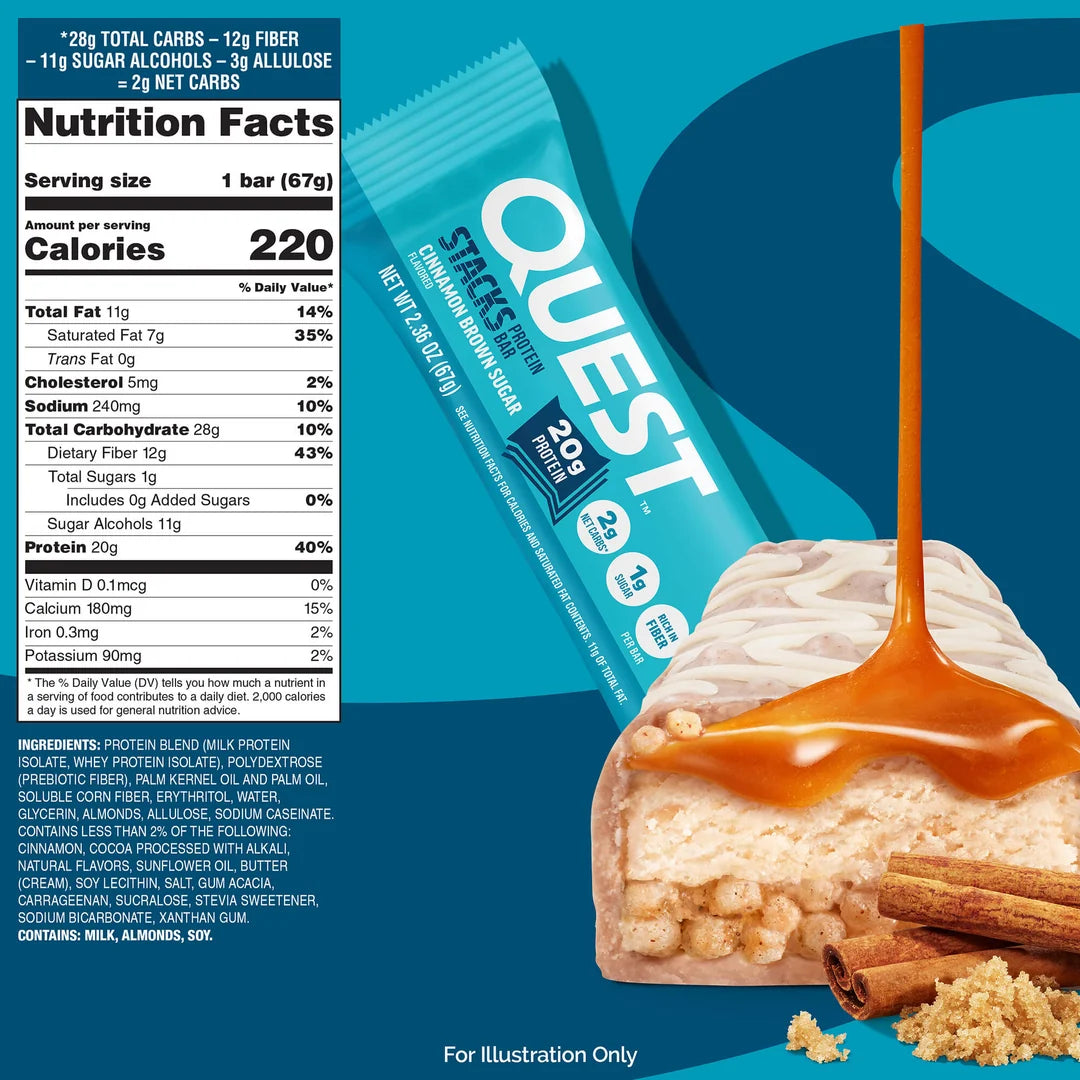 Quest Nutrition Stacks Protein Bar, Cinnamon Brown Sugar, box of 12 multi-layered bars with 20g protein, 1g sugar