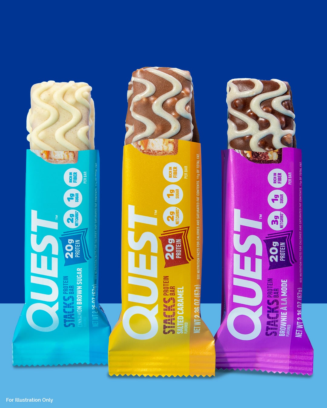Quest Nutrition Stacks protein bars standing half-unwrapped on a blue background showing layered texture