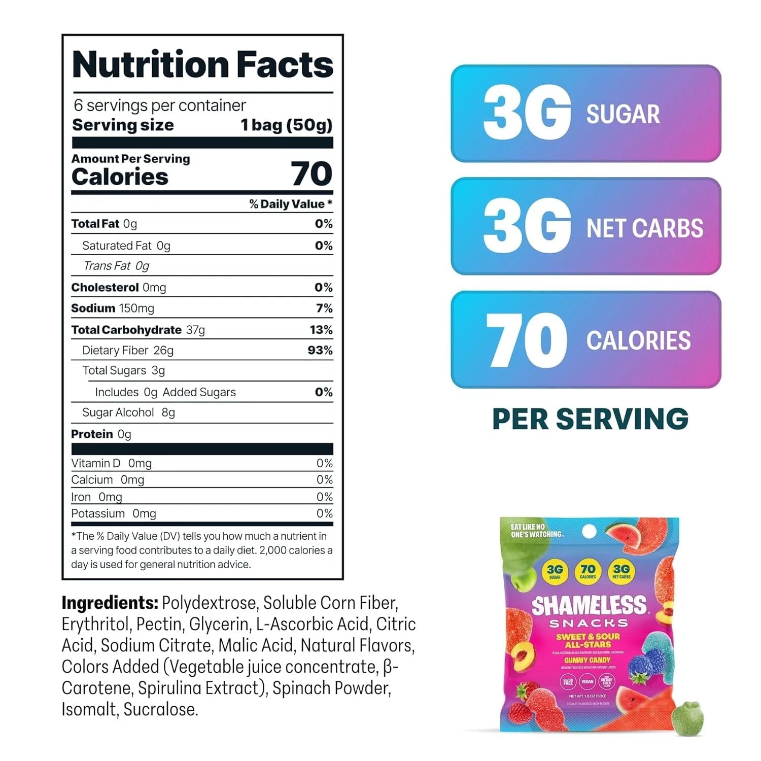 Shameless Snacks Low Sugar Vegan Gummy Candy (BOX of 6) Nutrition Facts label — 70 cal, 3g sugar