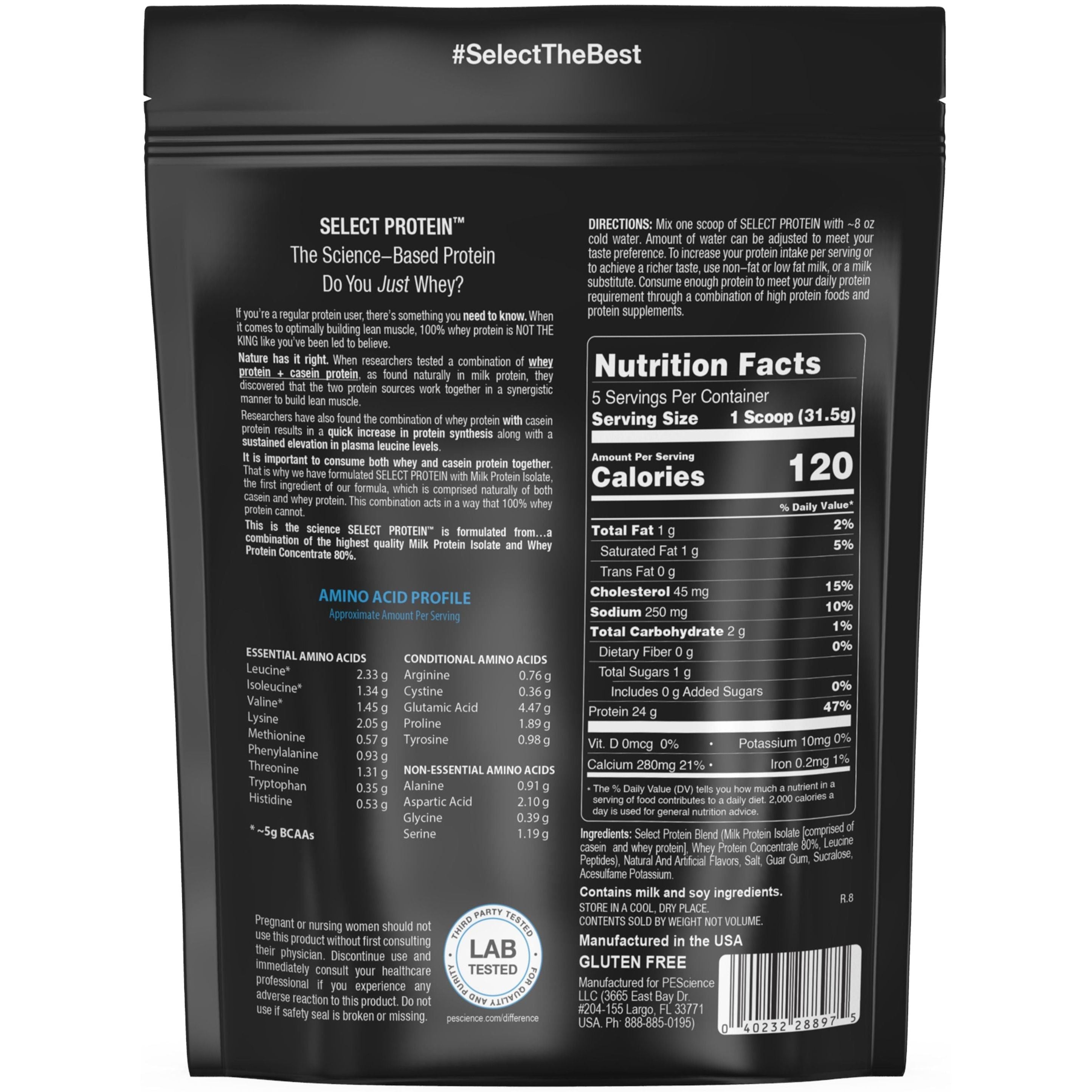PEScience Select Protein Supplement Facts label