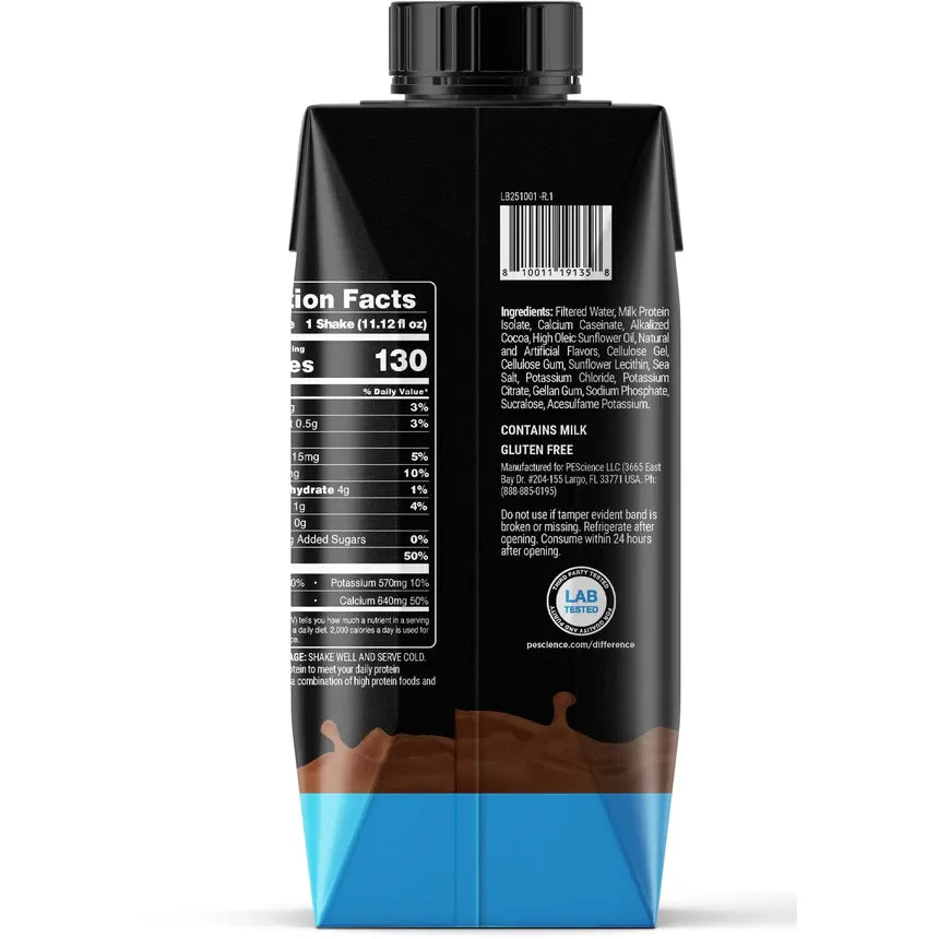 PEScience Select Protein Shake RTD — Chocolate carton ingredients list and barcode