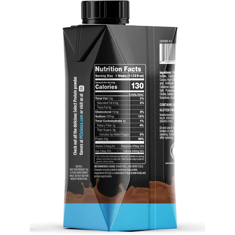 PEScience Select Protein Shake RTD — Chocolate carton Nutrition Facts panel