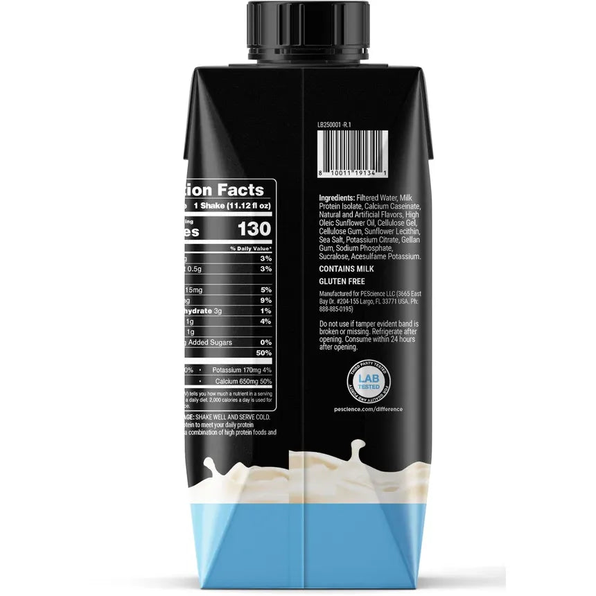 PEScience Select Protein Shake RTD — Vanilla carton ingredients list and barcode
