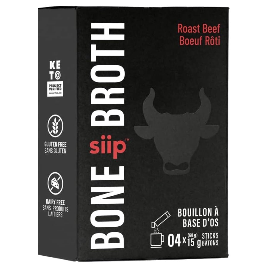 Siip Instant Keto Bone Broth-to-go Roast Beef box of 4 single-serve sticks in a black bilingual carton