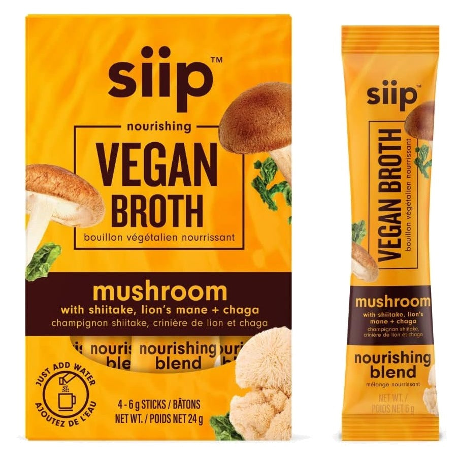 Siip Instant Vegan Broth-to-go Mushroom box of 4 single-serve sticks, yellow bilingual carton beside a stick
